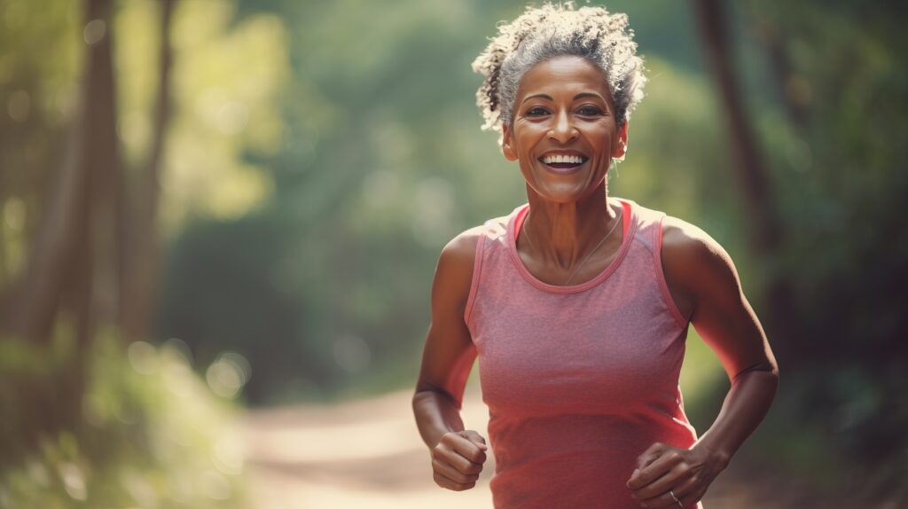 A woman jogging on a sunlit forest trail, wearing a pink sleeveless top while smiling confidently.